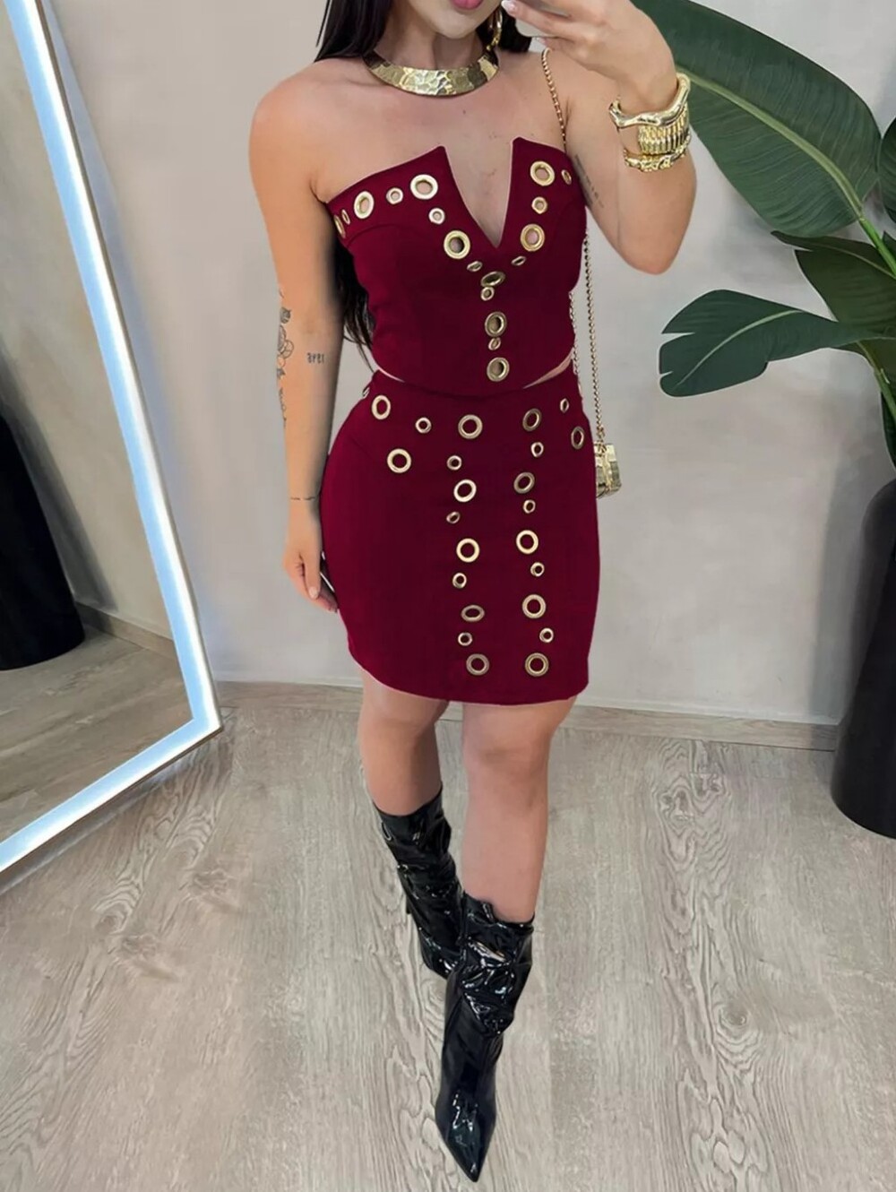 Grommet Crop Top and Mini Skirt Set